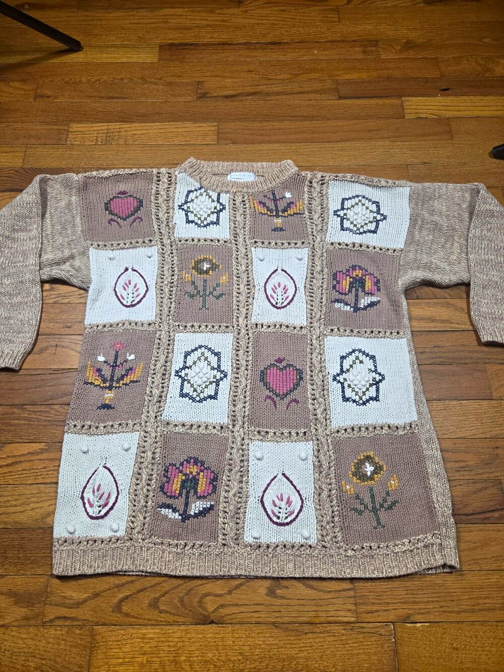Vintage Jennifer Reed Hand Knit Sweater L Patchwork Floral Cottagecore Ramie